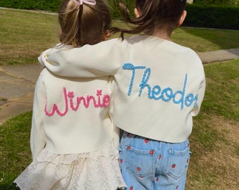White Personalised Name Hand Embroidered Girls Cardigan