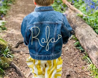 Kids Unisex Personalised Hand Embroidered Name Denim Jacket Toddler Baby