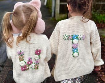 Cream White Personalised Initial Hand Embroidered Kids Cardigan