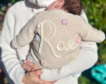 Beige Personalised Name Hand Embroidered Baby Cardigan With Flowers