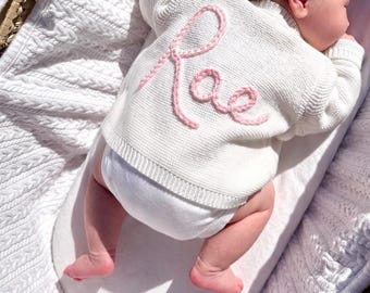 White Personalised Name Hand Embroidered Baby Cardigan Newborn