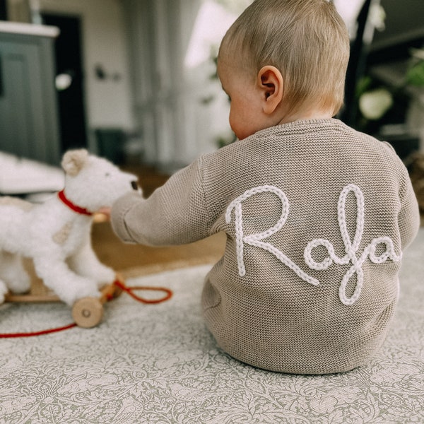 Soft Beige Personalised Name Hand Embroidered Baby Cardigan