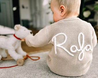 Beige Personalised Name Hand Embroidered Baby Cardigan
