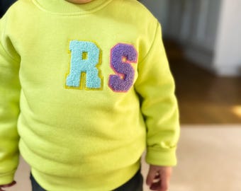 Kids Unisex Personalised Varsity Initial Patch Sweatshirt Jumper Customised Bright Yellow