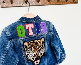 Kids Unisex Personalised Chenille Name Patch Denim Jacket Plus Extra Patch Toddler Baby