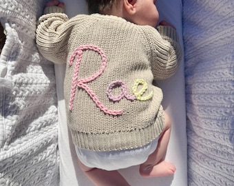 Personalised Name Hand Embroidered Baby Newborn Cardigan