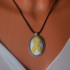Handmade embroidered NECKLACE with a yellow ribbon - the symbol of the independence, HAND sewing jewelry, Tiny micro embroidery Gift for HER