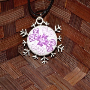 Charming handmade embroidery NECKLACE with a purple snowflake PENDANT, cute GIFT for a mom, sister or a Girlfriend, Embroidered necklace