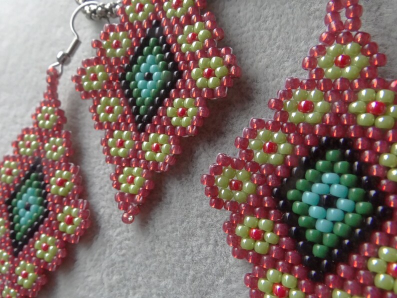 Surgical Steel Handmade Set Earrings Pendant Etno Boho Native American Vintage Diamond Shape Toho 110 Seed Bead Traditional Antiallergic