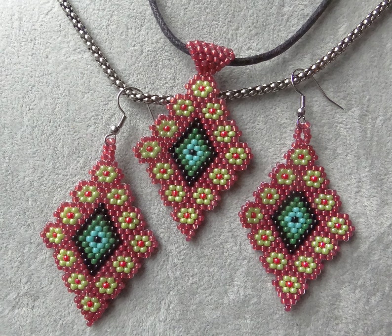 Surgical Steel Handmade Set Earrings Pendant Etno Boho Native American Vintage Diamond Shape Toho 110 Seed Bead Traditional Antiallergic
