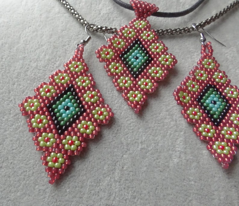 Surgical Steel Handmade Set Earrings Pendant Etno Boho Native American Vintage Diamond Shape Toho 110 Seed Bead Traditional Antiallergic