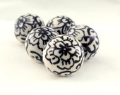 Hand Painted Porcelain Beads 5 pc, Large 25mm, Blue White Porcelain Beads, Chinoserie Beads, Ceramic Focal Beads, Round Floral Beads