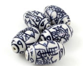 Hand Painted Porcelain Tube Beads 5 pc, 25mm x 14mm, Blue White Porcelain Beads, Chinoserie Beads, Oval Beads, Chinese Floral Beads