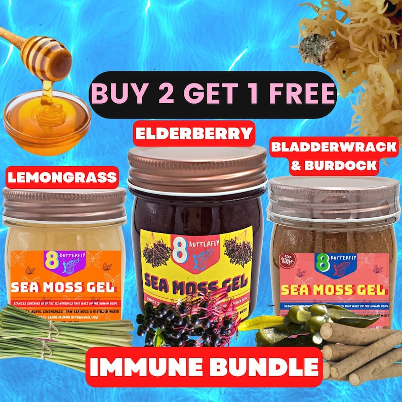 FLAVORED WILDCRAFTED Sea Moss Gel, BUY 2 get One 8 oz Free, Elderberry, Bladderwrack, Burdock,Lemongrass Irish moss, Gel Sugar Free sea moss 