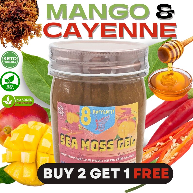 FREE 8 oz Sea Moss Gel, Buy any 2 same size PINEAPPLE, Mango, Cayenne, Tamarind, elderberry, Sea moss gel, irish Moss gel 8Butterly 