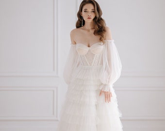 Bohemian wedding dress, tea-length gown, layered midi skirt and guipure corset, sweetheart ball gown, puffy sleeves dress