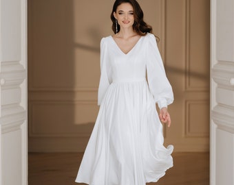Midi length wedding dress, minimalist bridal gown, satin modest reception dress