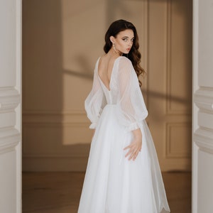 Midi Wedding Dress, V-neck Tulle Bridal Gown, Long Sleeves Gown, Civil ...