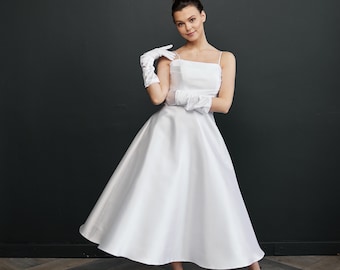 Tea length wedding dress, 50s bridal midi gown, A-line satin dress for modern wedding