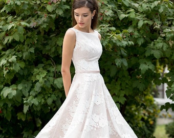 1950s wedding dress, lace A line bridal gown, sleeveless floral prom dress, tea length satin cocktail dress