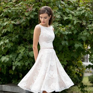 1950s wedding dress, lace A line bridal gown, sleeveless floral prom dress, tea length satin cocktail dress