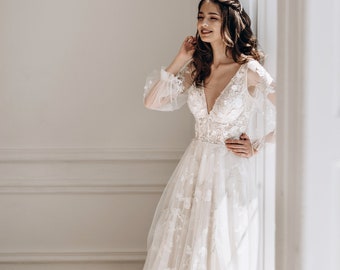 Lace wedding dress, V-neck & long sleeves bridal gown, bohemian garden wedding dress