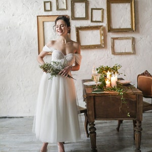 Rustic wedding dress, embroidered corset dress, lace cocktail midi gown, off shoulder bridal dress