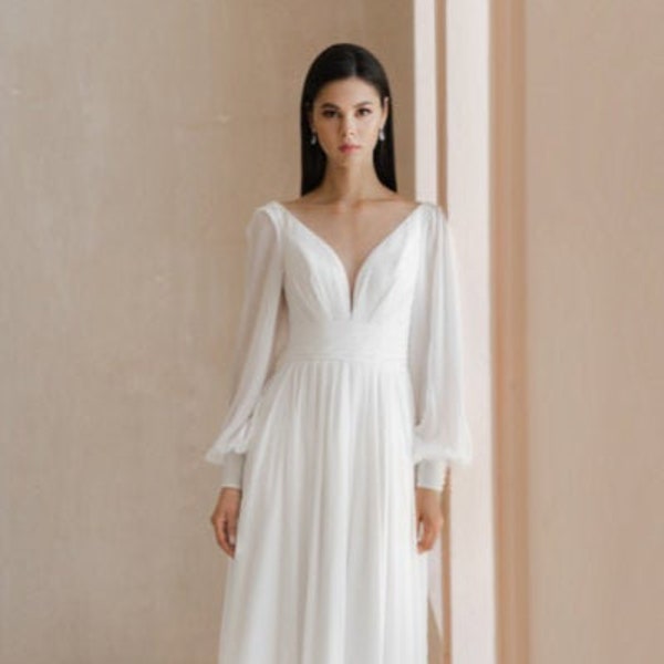 Minimalist wedding dress, V-neck bridal gown, civil wedding dress, long sleeves gown
