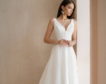 Minimalist wedding dress, V-neck bridal gown, civil wedding dress, reception satin gown