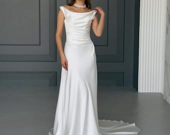 Off shoulder satin wedding dress | Elegant A-line skirt with train