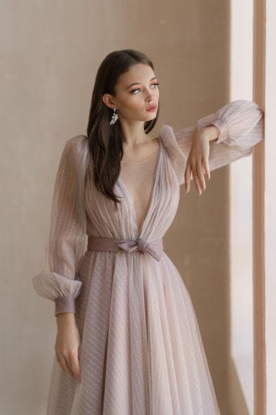 Midi wedding dress, V-neck colored bridal gown, civil wedding dress, long sleeves gown