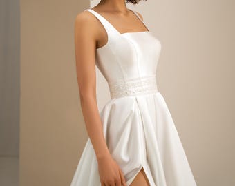Minimalist A-Line Mikado Wedding Dress: Embroidered Corset, Slit Skirt