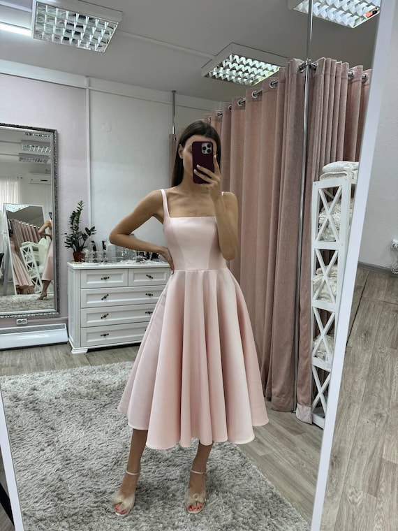 open lace back dress Knee Length Pink Satin Party Dress with Tie Shoulders main image 1