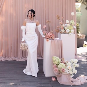 Off-Shoulder Satin Wedding Dress with Detachable Sleeves – Corset Back Bridal Gown with Train