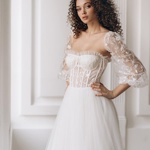 Floral bridal gown with long sleeves, Lace wedding dress, romantic A-Line Wedding Dress, Embroidered Wedding Dress