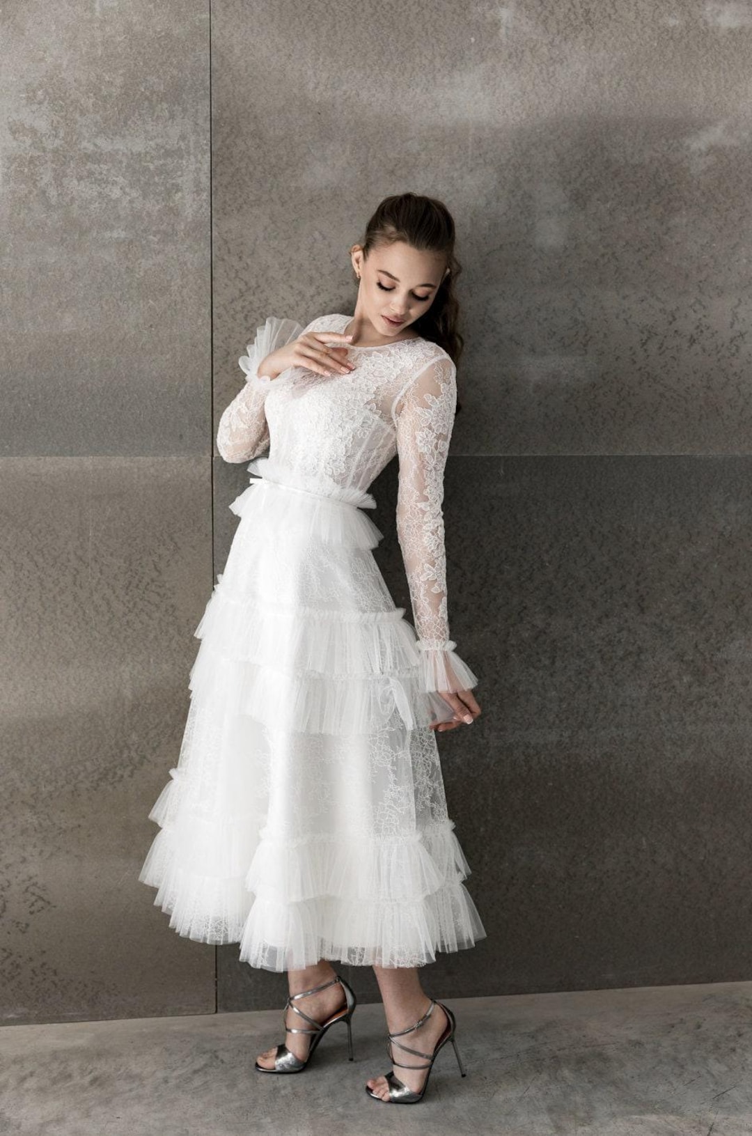 long sleeve lace tea length wedding dress Tea Length Vintage Wedding Dress