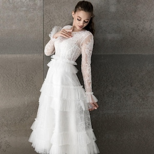 Romantic wedding dress, long sleeves bridal gown, tea-length skirt dress, modest wedding dress