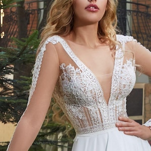 Long Sleeve Wedding Dress, Lace wedding dress, delicate V-neck bridal gown, romantic bohemian bride, guipure wedding dress, A-line dress