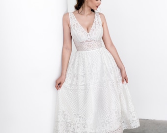 Einfaches Brautkleid, Hochzeitskleid, Hochzeitskleid mit V-Ausschnitt, Ausschnitt-Brautkleid, Hochzeit Midi-Kleid, lässiges Brautkleid, A-Linie Tee-Längen-Spitzenkleid