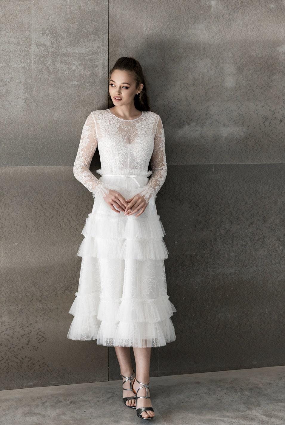 Lace Long Sleeve Wedding Dress: Tea-Length Midi Bridal Gown