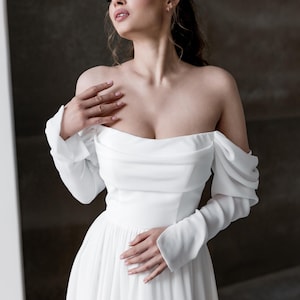 Vestido de novia con mangas largas y hombros descubiertos, vestido de novia clásico, vestido de novia de gasa, vestido de novia sencillo