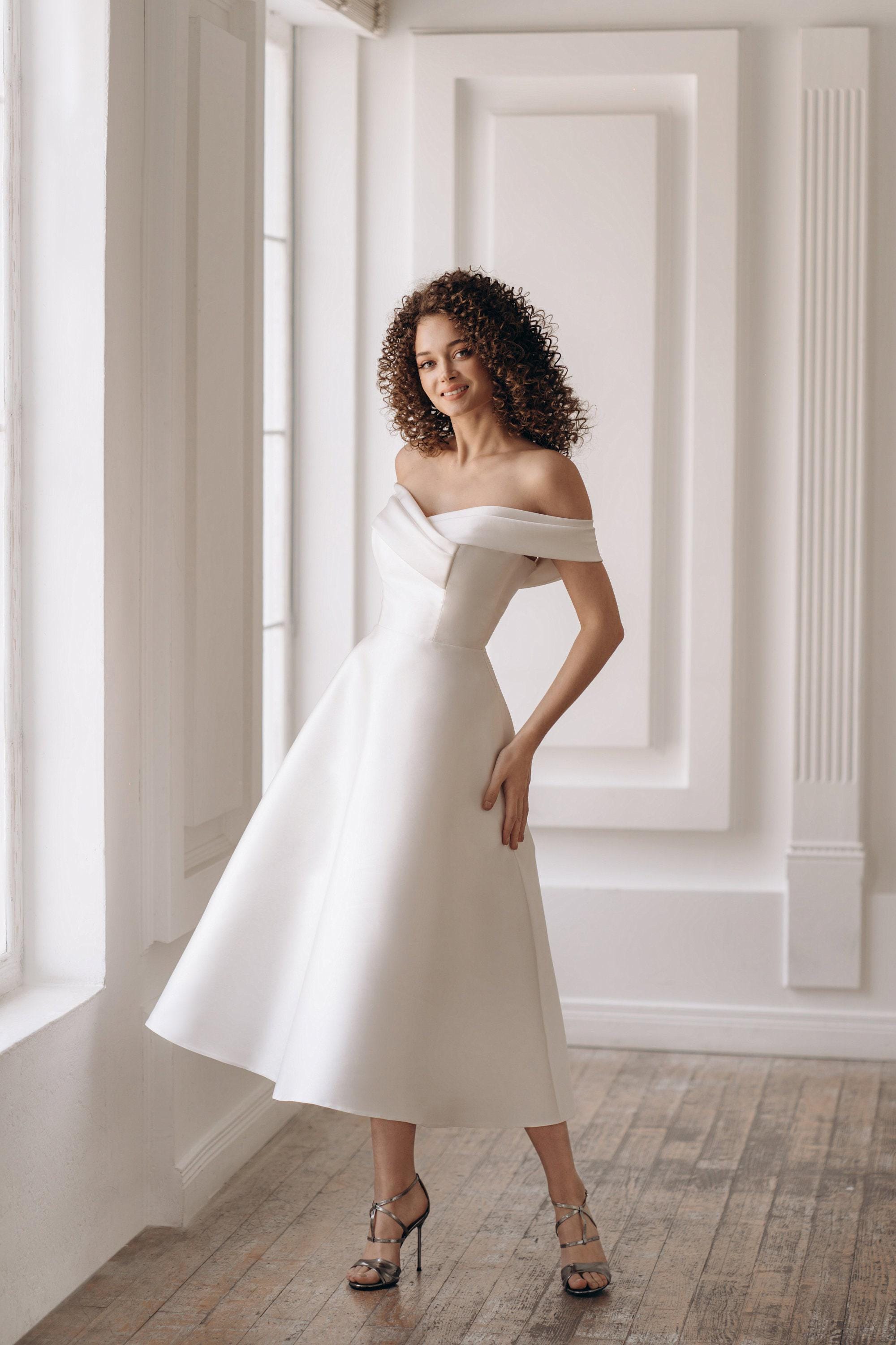 off the shoulder tea length wedding dress Deep V-Neck Little White Dresses Short Dresses 2023 Trendy styles.Discover our A Off the Shoulder Tea Length