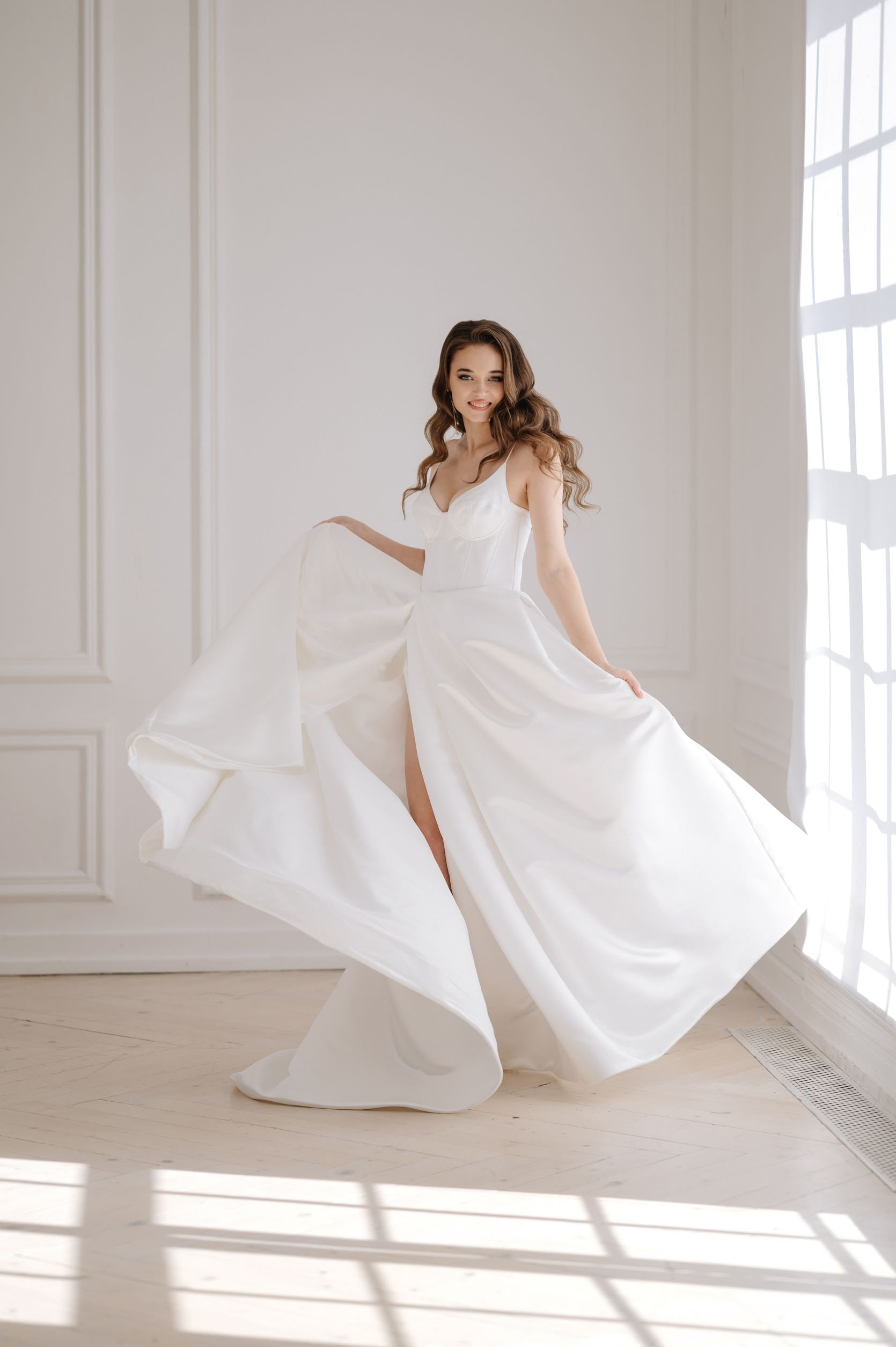 2022 Satin Wedding Dress with Off-the-shoulder Sleeves