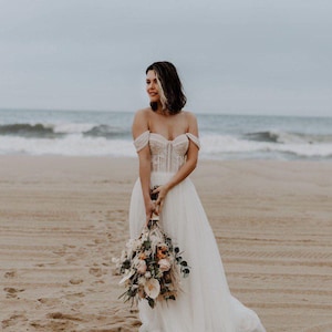 Off-shoulder wedding gown, romantic bohemian bride, lace delicate bridal gown, summer boho wedding