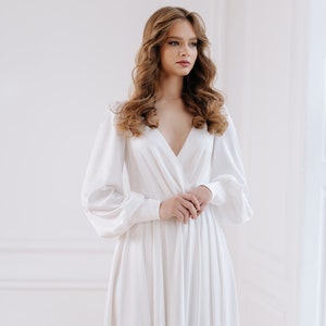 Minimalist Satin Wedding Dress: Long Sleeve V-Neck Bridal Gown