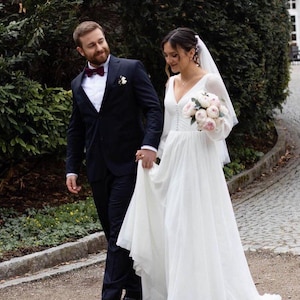 Minimalist chiffon wedding dress, V-neck blush bridal gown, civil wedding dress, long sleeves gown, city hall wedding
