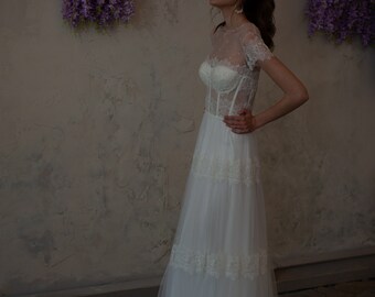 Bohemian bridal gown, lace wedding dress, A-line skirt summer gown