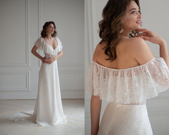 Frill neck lace bodice flowy dress discount