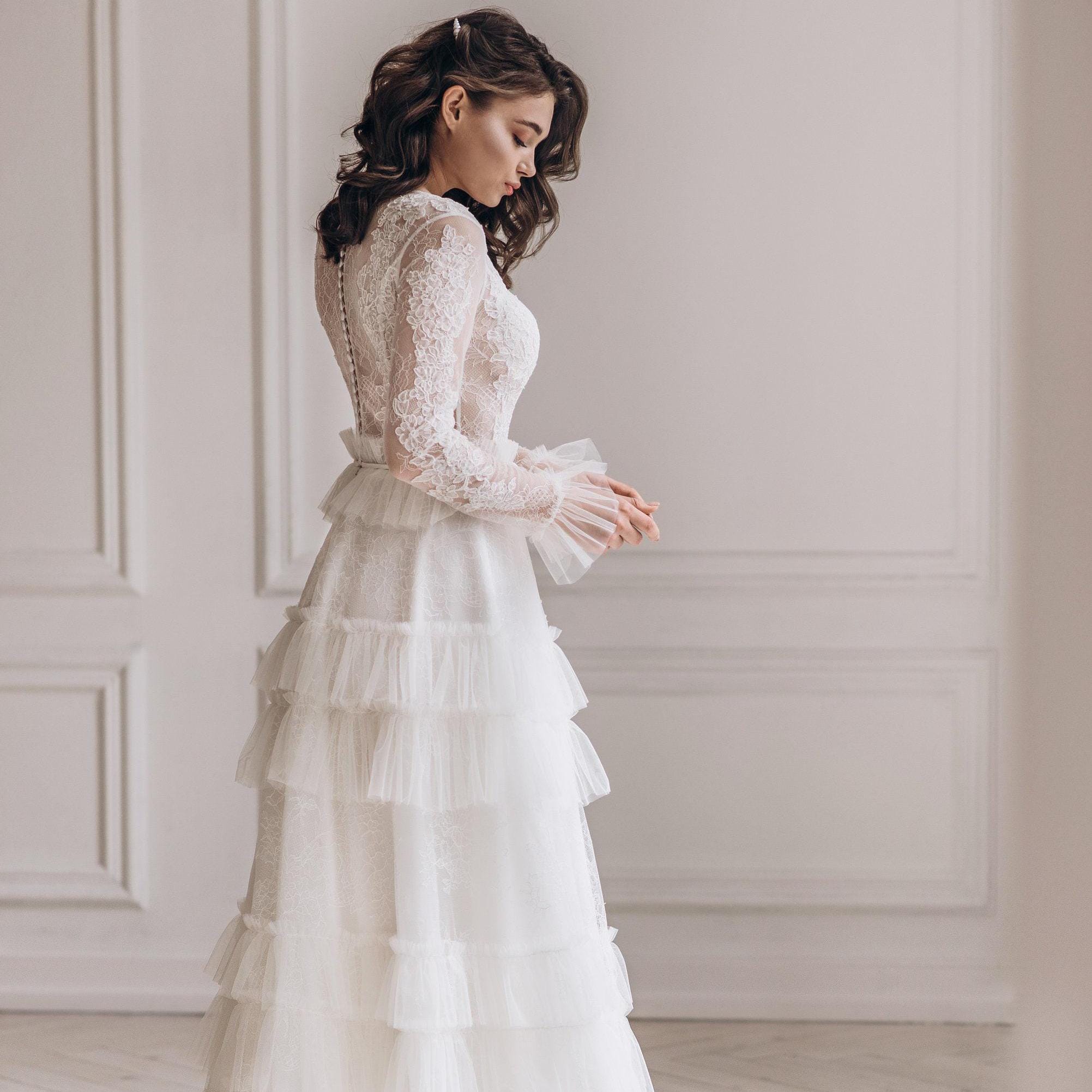 elegant maxi lace elopement wedding dress with ruffle sleeves reviews 70s Lace Wedding Dress: Cascade Tulle Maxi Skirt, Ruffle Sleeves