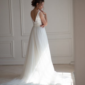 Embroidered satin wedding dress, reception bridal gown, V-neck minimalist lace dress, elegant bohemian bride image 9